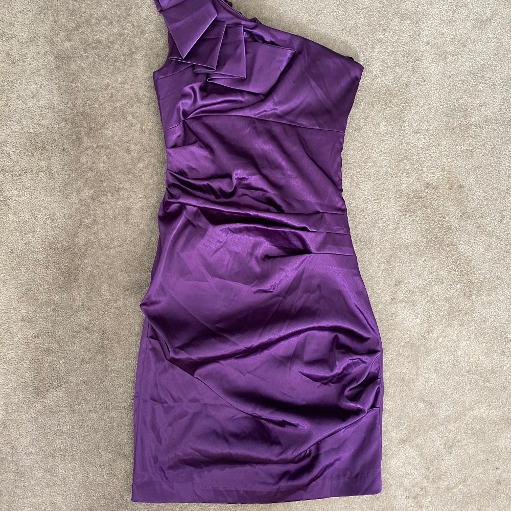 Windsor purple Satin ruffle bow One Shoulder Dress
